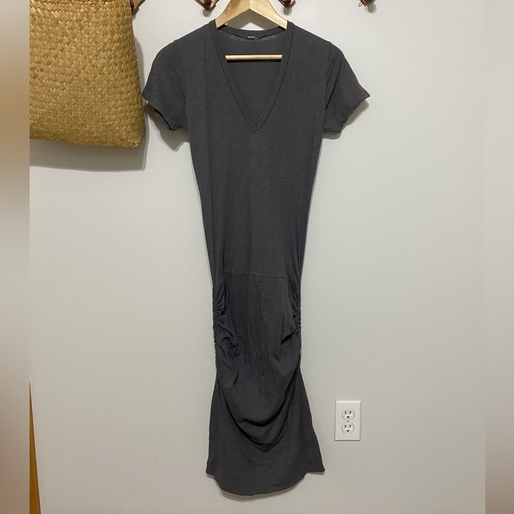 Monrow Gray Cotton Ruched Midi V-Neck Dress